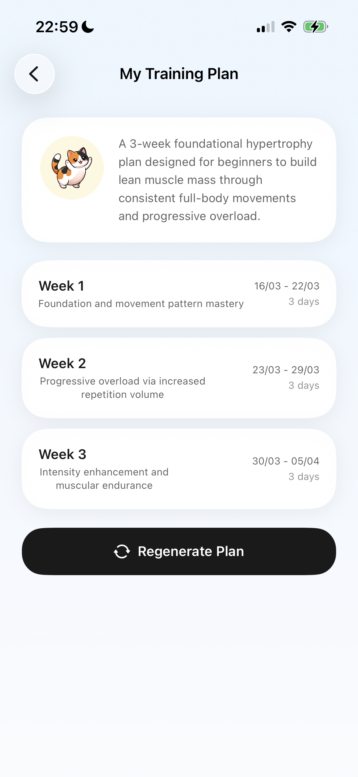 Posey training plan screen
